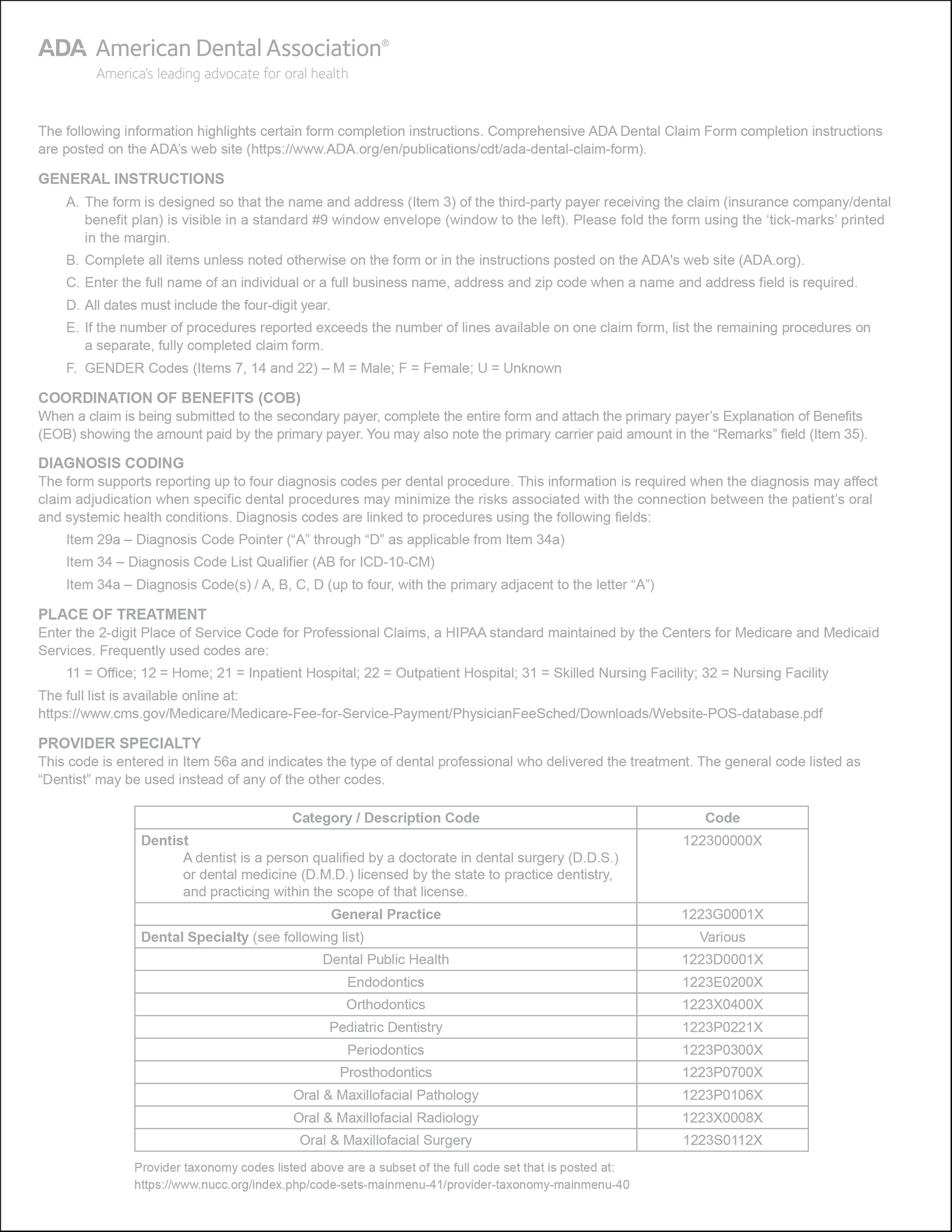 ADA 2024 Dental Claim Form back
