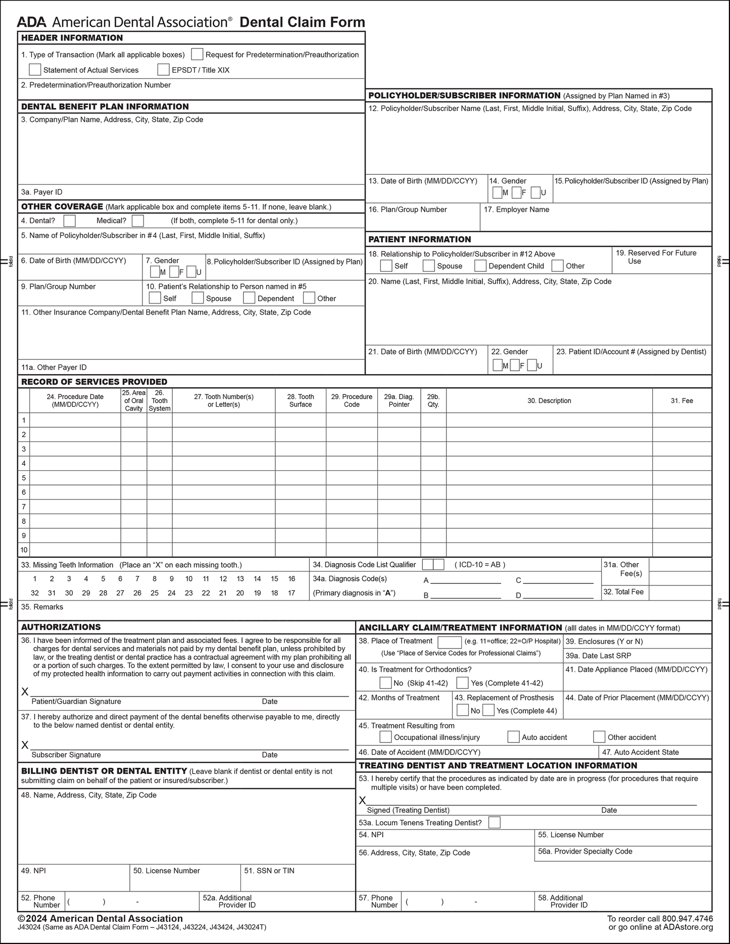 ADA 2024 Dental Claim Form front