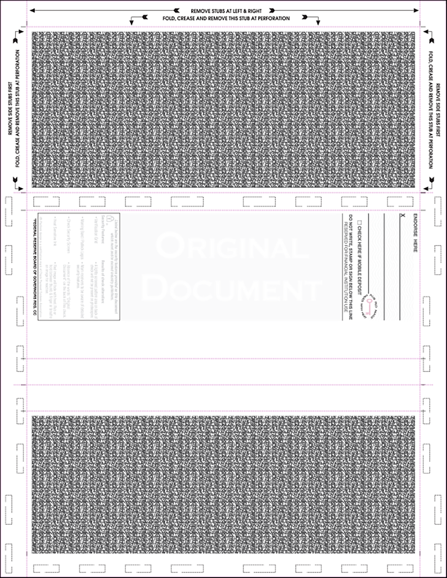 Back SIde 11" letter size with Dimensions Z fold Pressure seal check 28# Purple SCPS11ZPL28