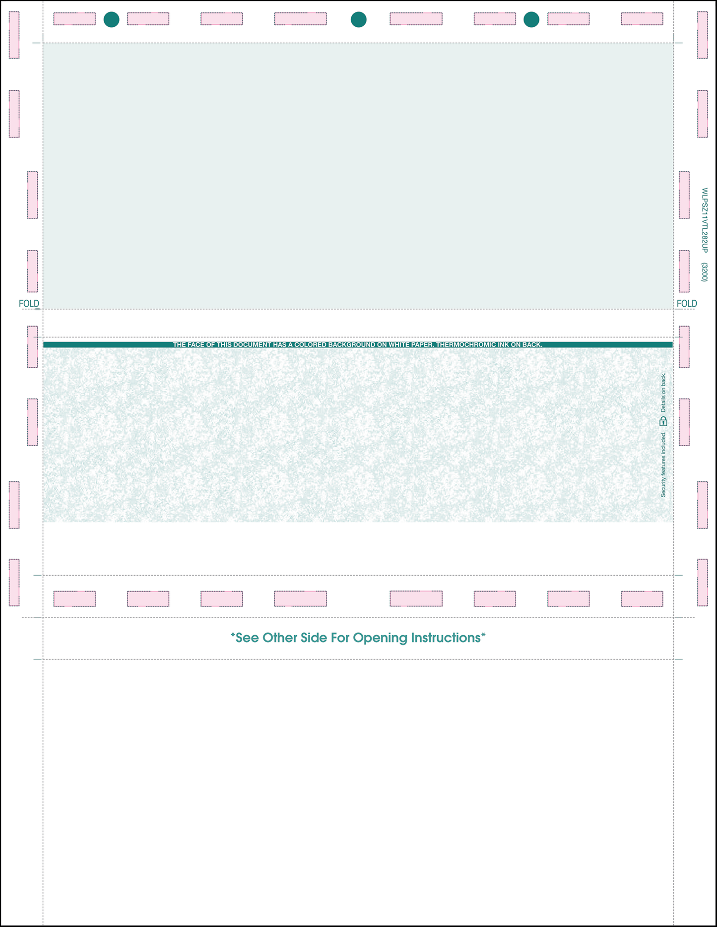 Letter size 11" Z fold pressure seal TEAL check 28# WLPSZSTKVTL28