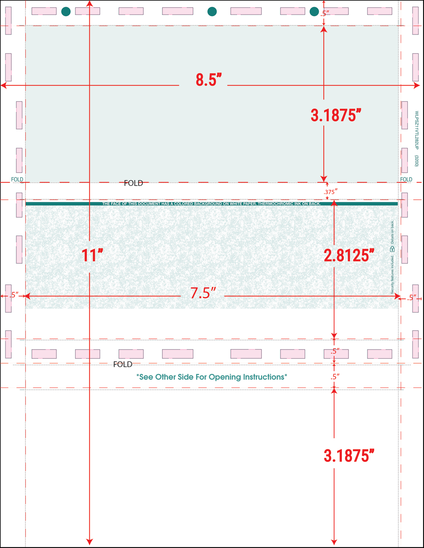 Letter size 11" Z fold pressure seal TEAL check 28# with dimensions WLPSZSTKVTL28