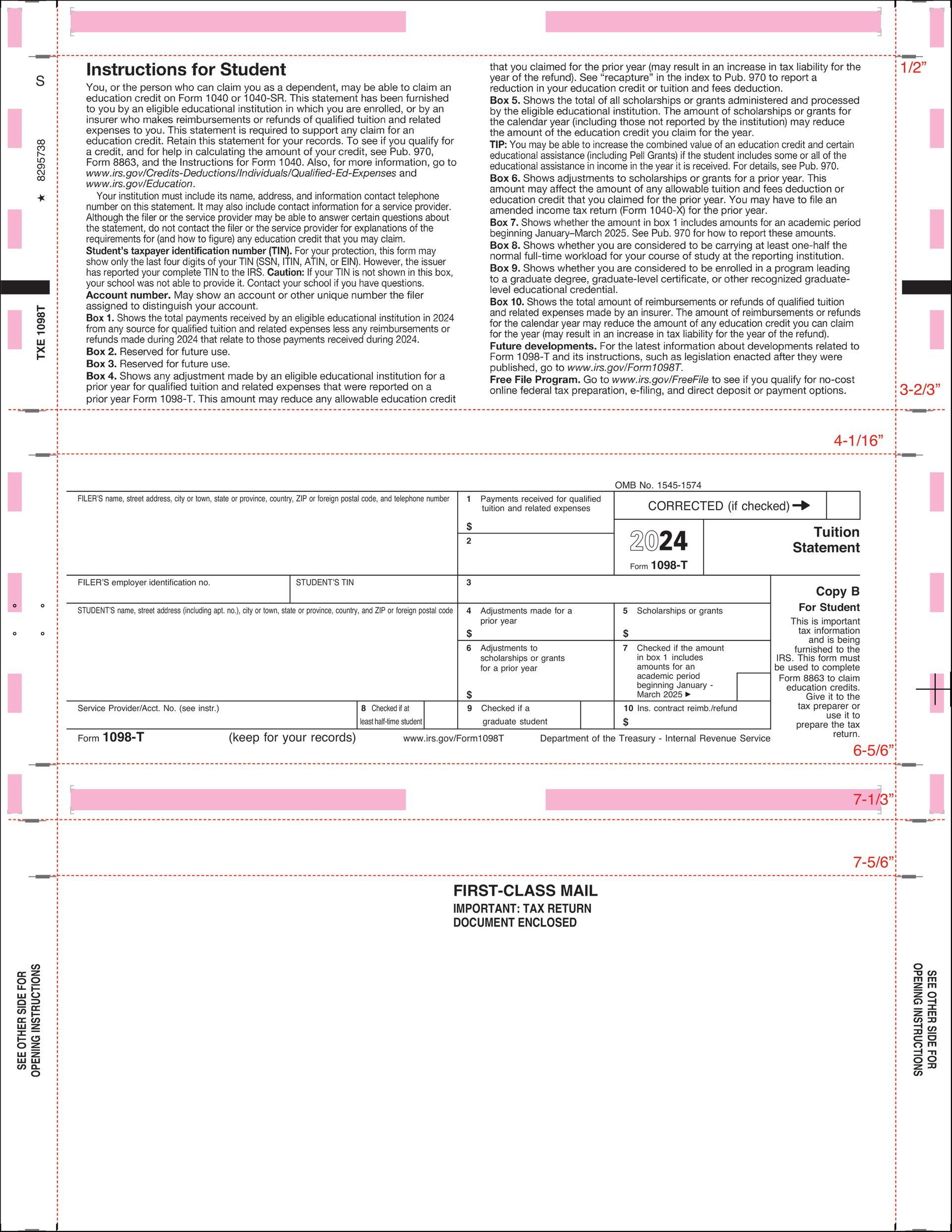TXE-1098T 1098T Tuition Statement Printed Face Letter Z Fold