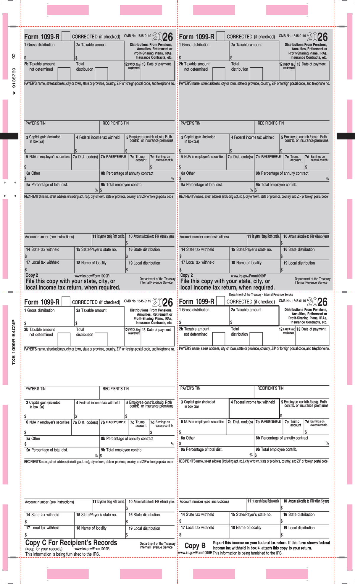 1099-R Pressure Seal Tax Forms - Printed Face V Fold (TXE-1099R-E4CNP)