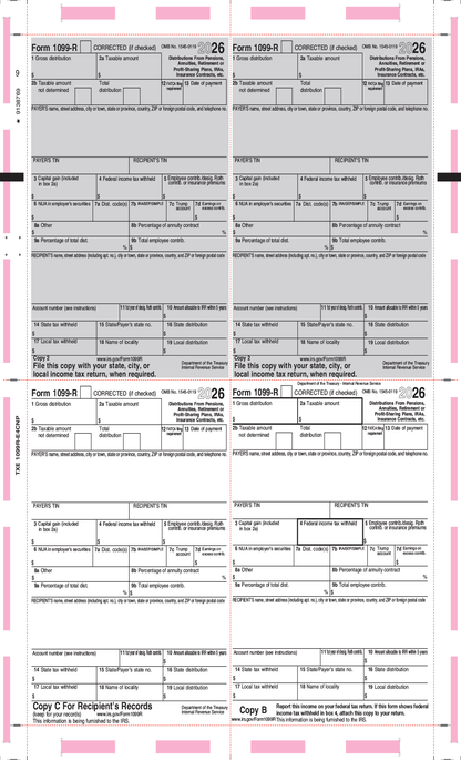 1099-R Pressure Seal Tax Forms - Printed Face V Fold (TXE-1099R-E4CNP)
