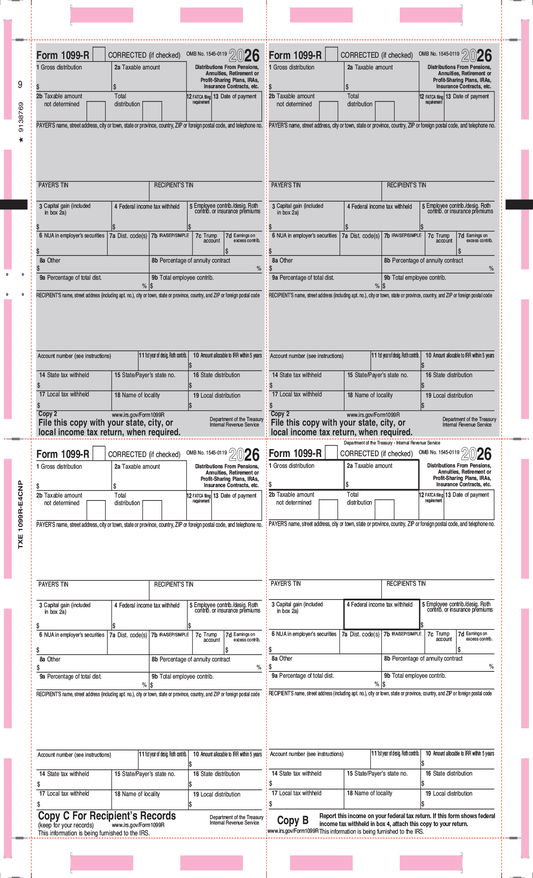 1099-R Pressure Seal Tax Forms - Printed Face V Fold (TXE-1099R-E4CNP)