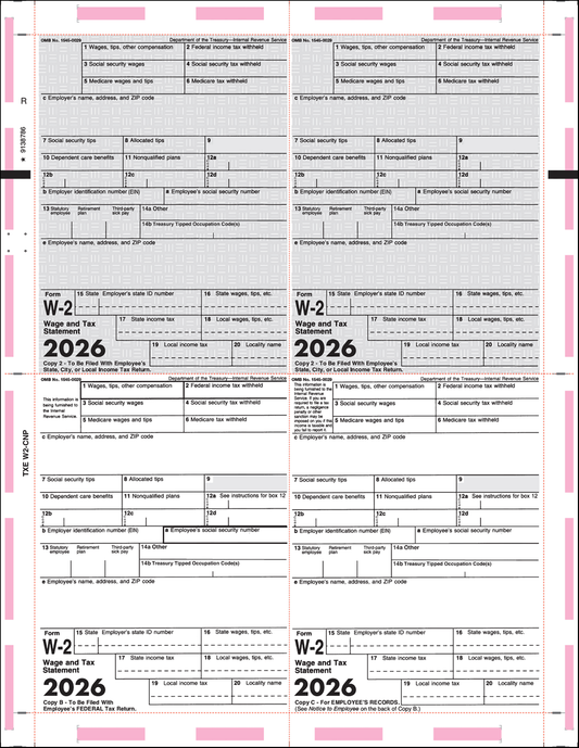 W-2 11" Printed 4-Corner Pressure Seal Tax Forms - Printed Face V Fold (TXE-W2-CNP)