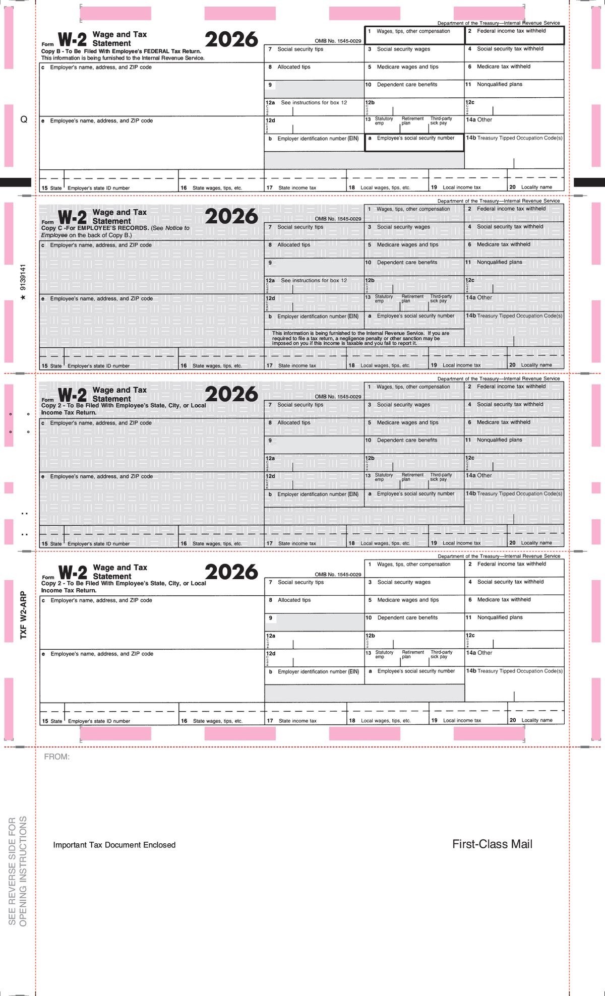 W-2 14" Printed 4-Corner Pressure Seal Tax Forms (TXF-W2-ARP)