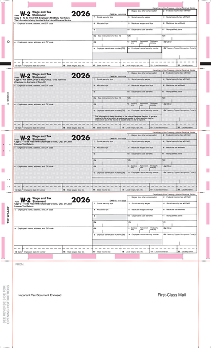 W-2 14" Printed 4-Corner Pressure Seal Tax Forms (TXF-W2-ARP)