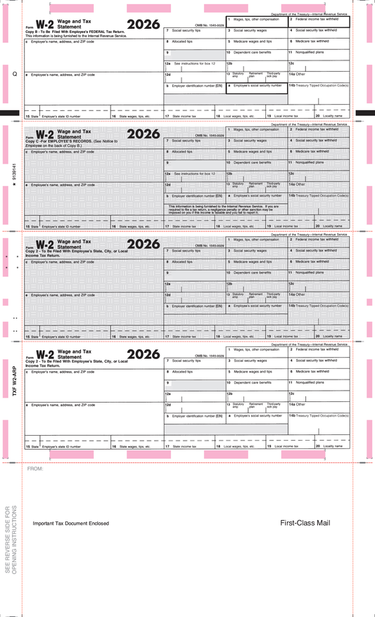 W-2 14" Printed 4-Corner Pressure Seal Tax Forms (TXF-W2-ARP)
