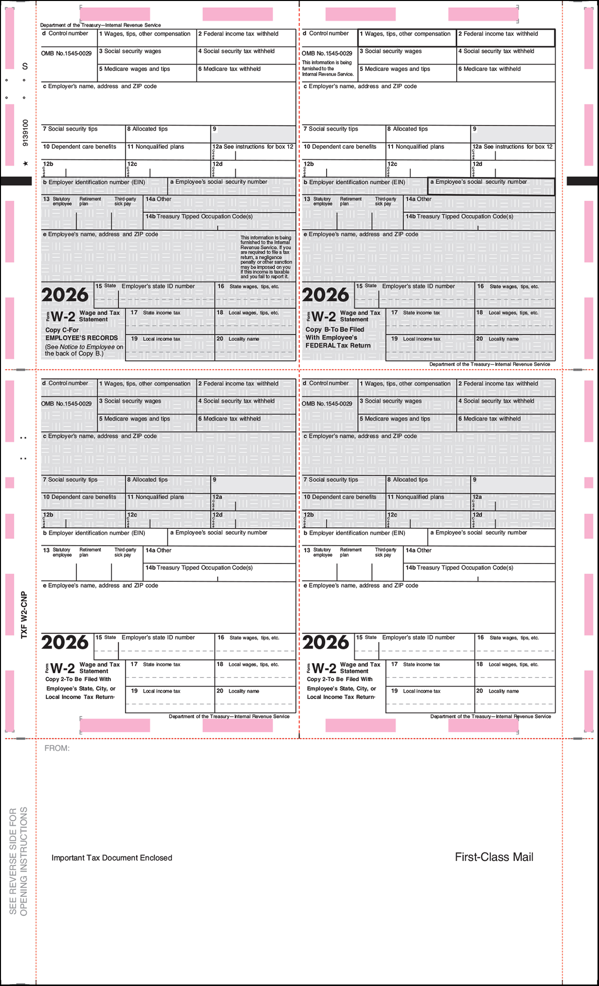 TXF-W2-CNP W2 Tax Forms Printed Face EZ fold Instr on back 4 corner