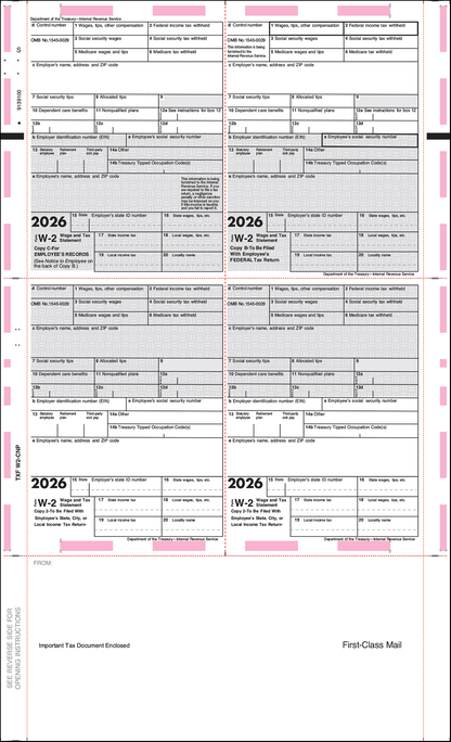 TXF-W2-CNP W2 Tax Forms Printed Face EZ fold Instr on back 4 corner