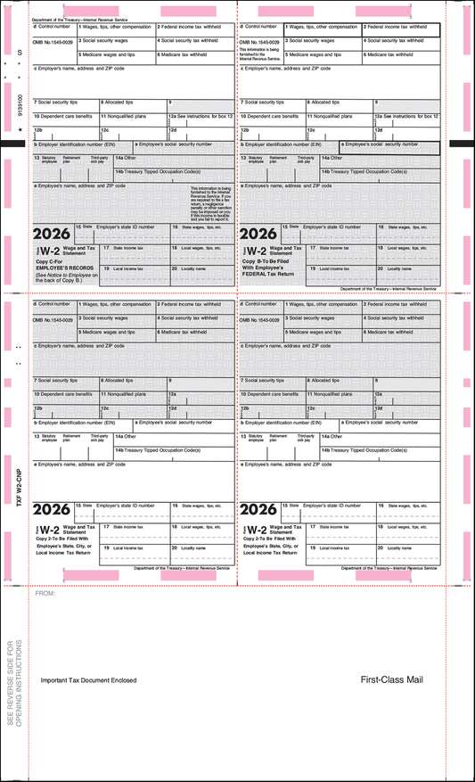 TXF-W2-CNP W2 Tax Forms Printed Face EZ fold Instr on back 4 corner